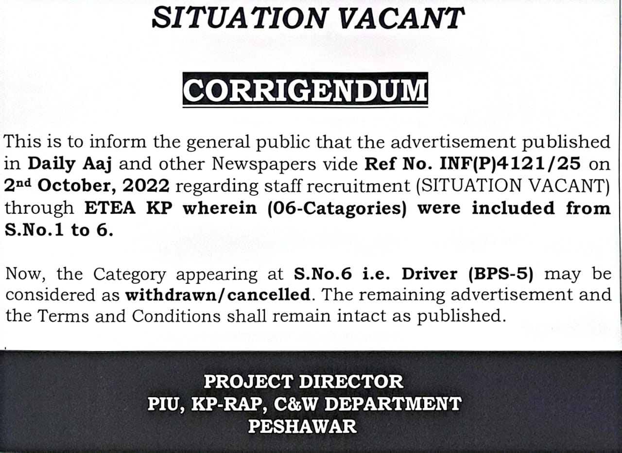 Situation Vacant - Corrigendum